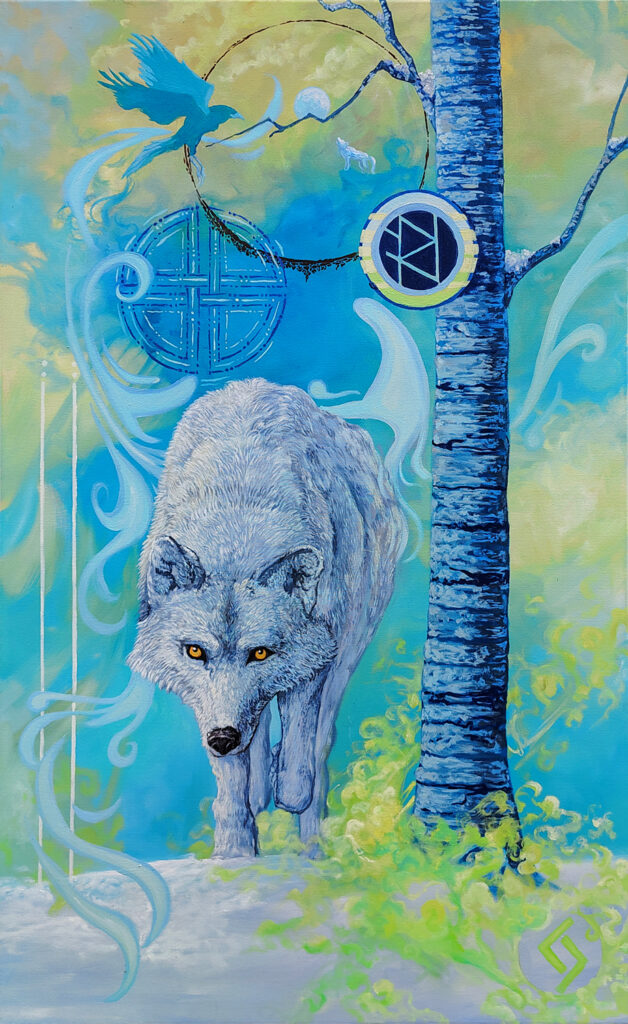 Abstract painting of a wolf wandering the forest of Ukraine